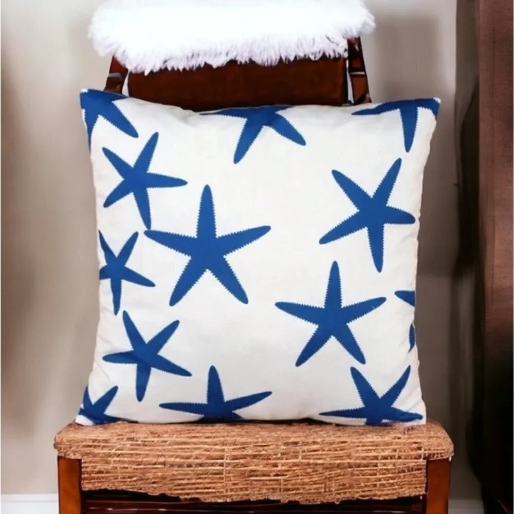 Coastal Starfish Pillow Cover Beach Nautical Square Blue White 17. 7 X 17.7 in